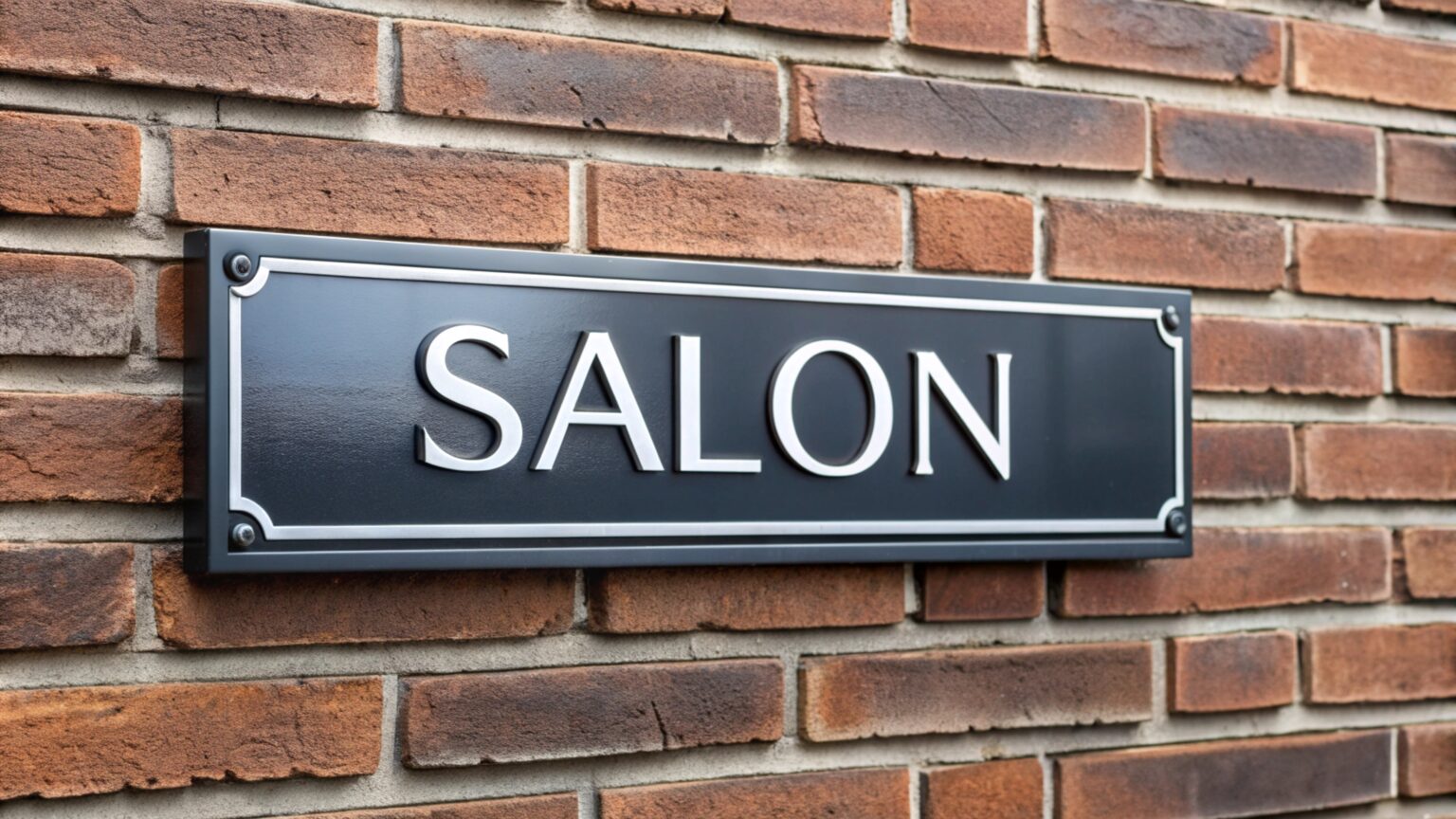 Czarny znak na ceglanej ścianie mówi "salon"