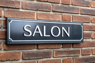 Czarny znak na ceglanej ścianie mówi "salon"