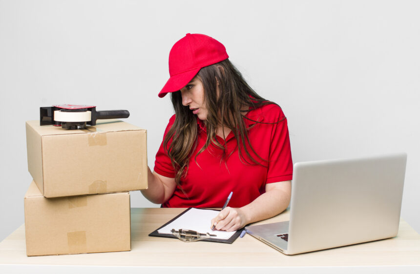 Młoda dorosła ładna kobieta pracownik firmy z pudełkami