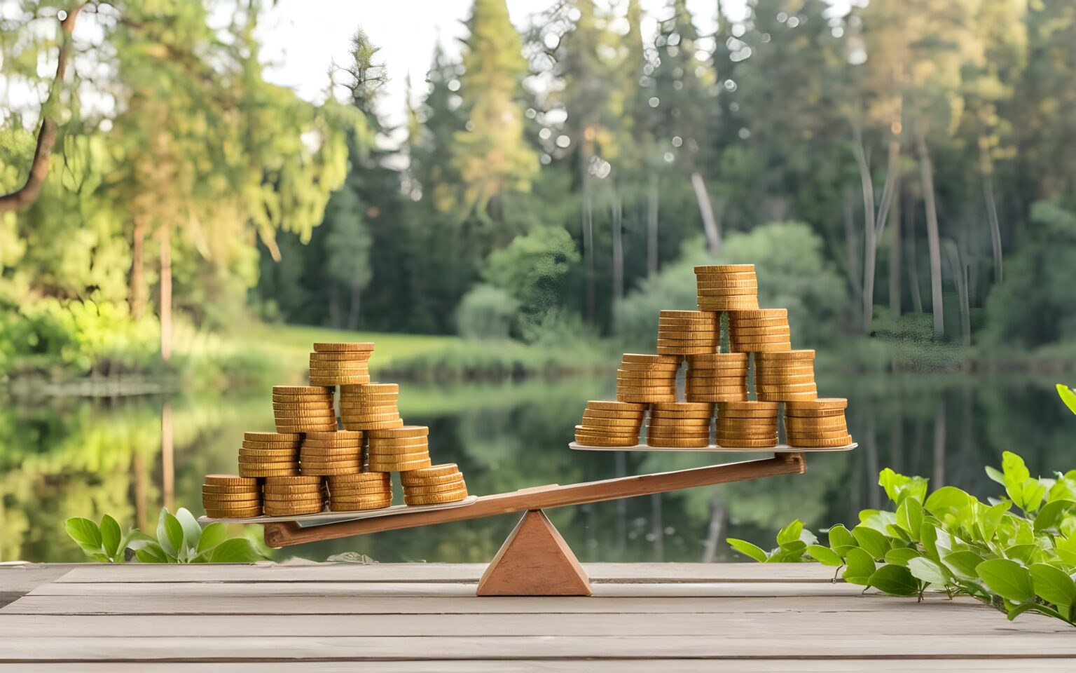 Symboliczna równowaga złotych monet na wagach reprezentujących bogactwo i spokój