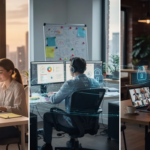 Na obrazku widać zespół startupowy pracujący zdalnie z różnych lokalizacji, połączony za pomocą bezpiecznej sieci VPN, co zapewnia im dostęp do firmowych zasobów oraz ochronę prywatności. Każdy członek zespołu korzysta z urządzeń mobilnych, aby współpracować w czasie rzeczywistym, zachowując jednocześnie bezpieczeństwo swoich danych.