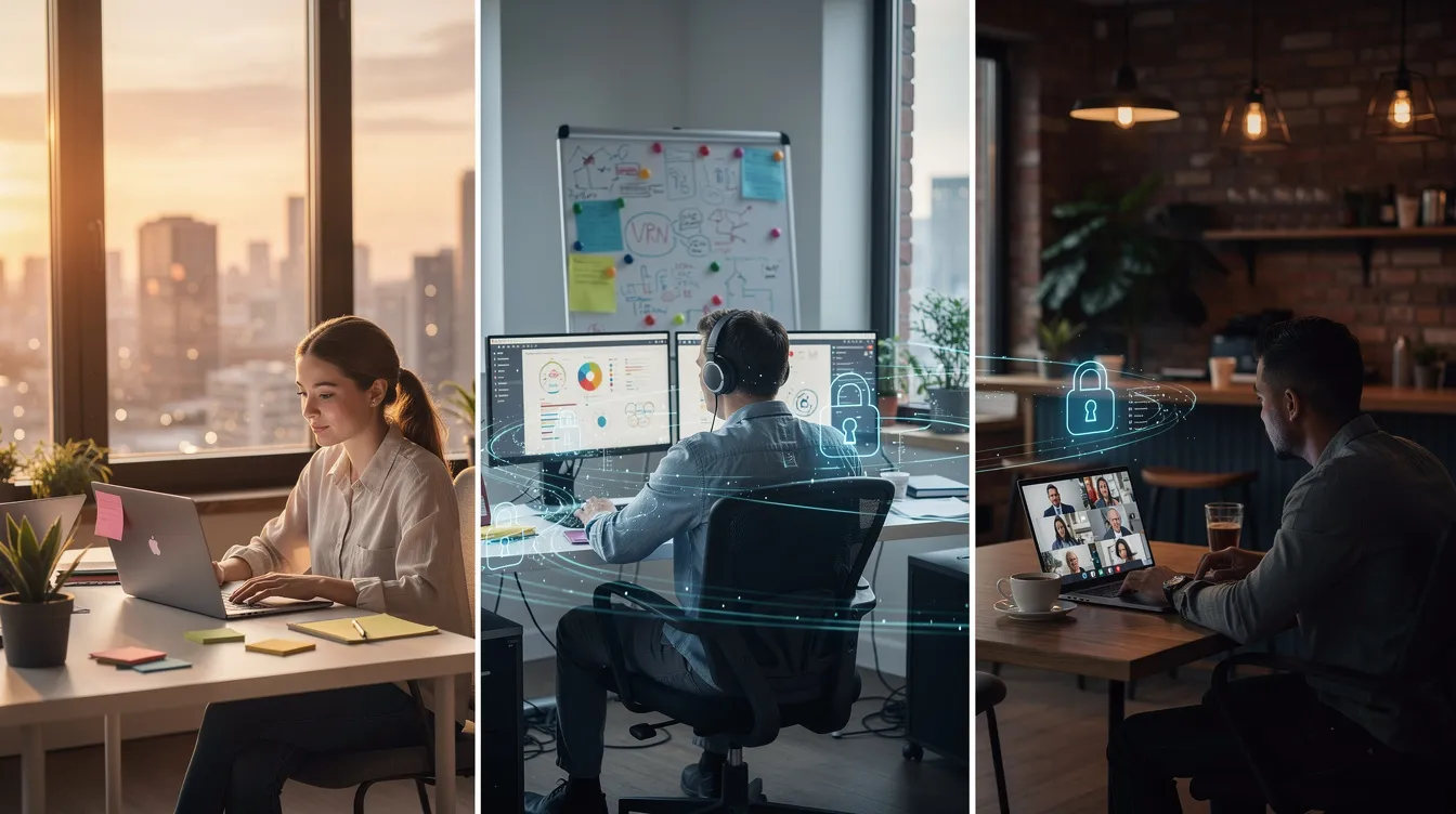 Na obrazku widać zespół startupowy pracujący zdalnie z różnych lokalizacji, połączony za pomocą bezpiecznej sieci VPN, co zapewnia im dostęp do firmowych zasobów oraz ochronę prywatności. Każdy członek zespołu korzysta z urządzeń mobilnych, aby współpracować w czasie rzeczywistym, zachowując jednocześnie bezpieczeństwo swoich danych.