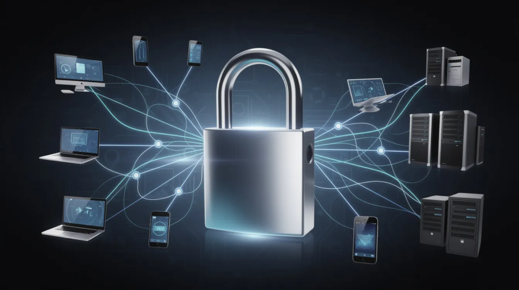 Na obrazku widoczna jest kłódka umieszczona na tle sieci połączonych urządzeń i serwerów, symbolizująca bezpieczeństwo online i ochronę prywatności w usługach VPN. Wizualizacja ta podkreśla znaczenie silnego szyfrowania i bezpiecznego dostępu do zasobów firmowych w dobie rosnących zagrożeń, takich jak złośliwe oprogramowanie.