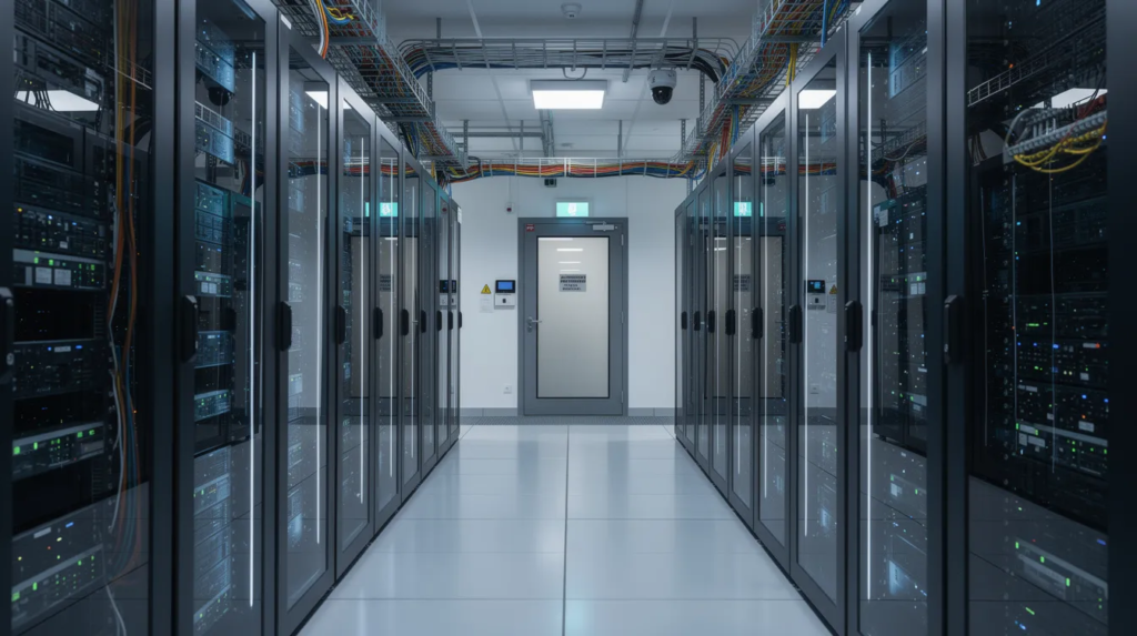 Na obrazie widać nowoczesne centrum danych, wypełnione serwerami oraz sprzętem sieciowym, które zapewniają bezpieczny dostęp do zasobów firmowych. Wysokiej jakości urządzenia są kluczowe dla ochrony prywatności użytkowników oraz stabilnych połączeń w sieciach VPN.