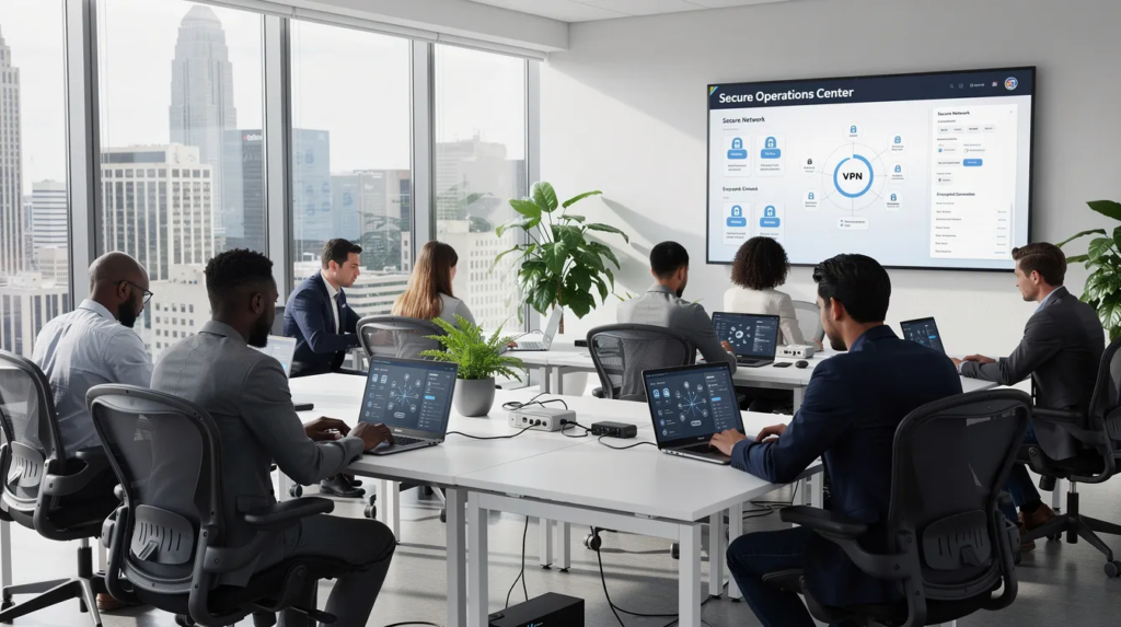 W nowoczesnej przestrzeni biurowej, kilka osób pracuje na laptopach, korzystając z bezpiecznego dostępu do firmowych zasobów za pośrednictwem wirtualnej sieci prywatnej (VPN). W tle widać nowoczesne meble biurowe oraz duże okna, które wpuszczają naturalne światło.